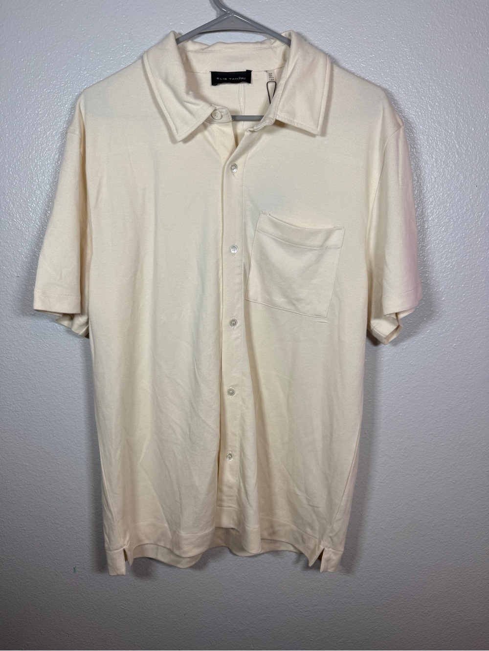 NWT Elie Tahari Mens Medium Ivory Lyocell Polo Shirt Button Front Short Sleeve M